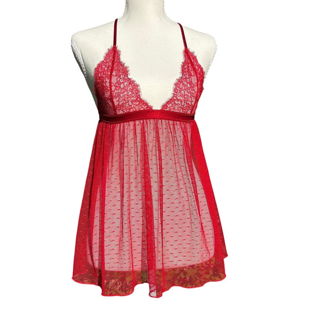 VTG Y2K Victoria's Secret Red Sheer Lace Mesh Babydoll Lingerie Top XS